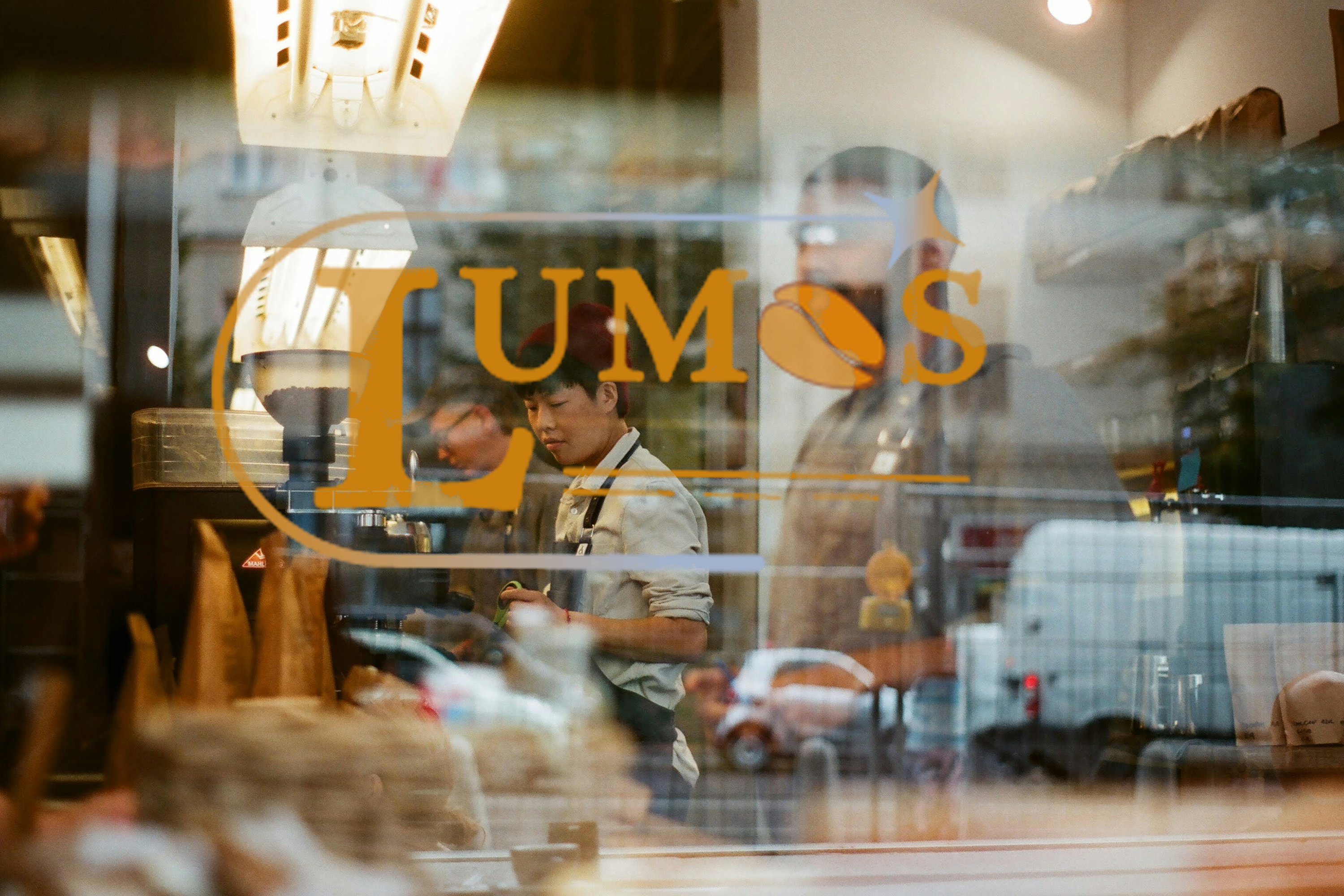 Lumos Café restaurant window mockup